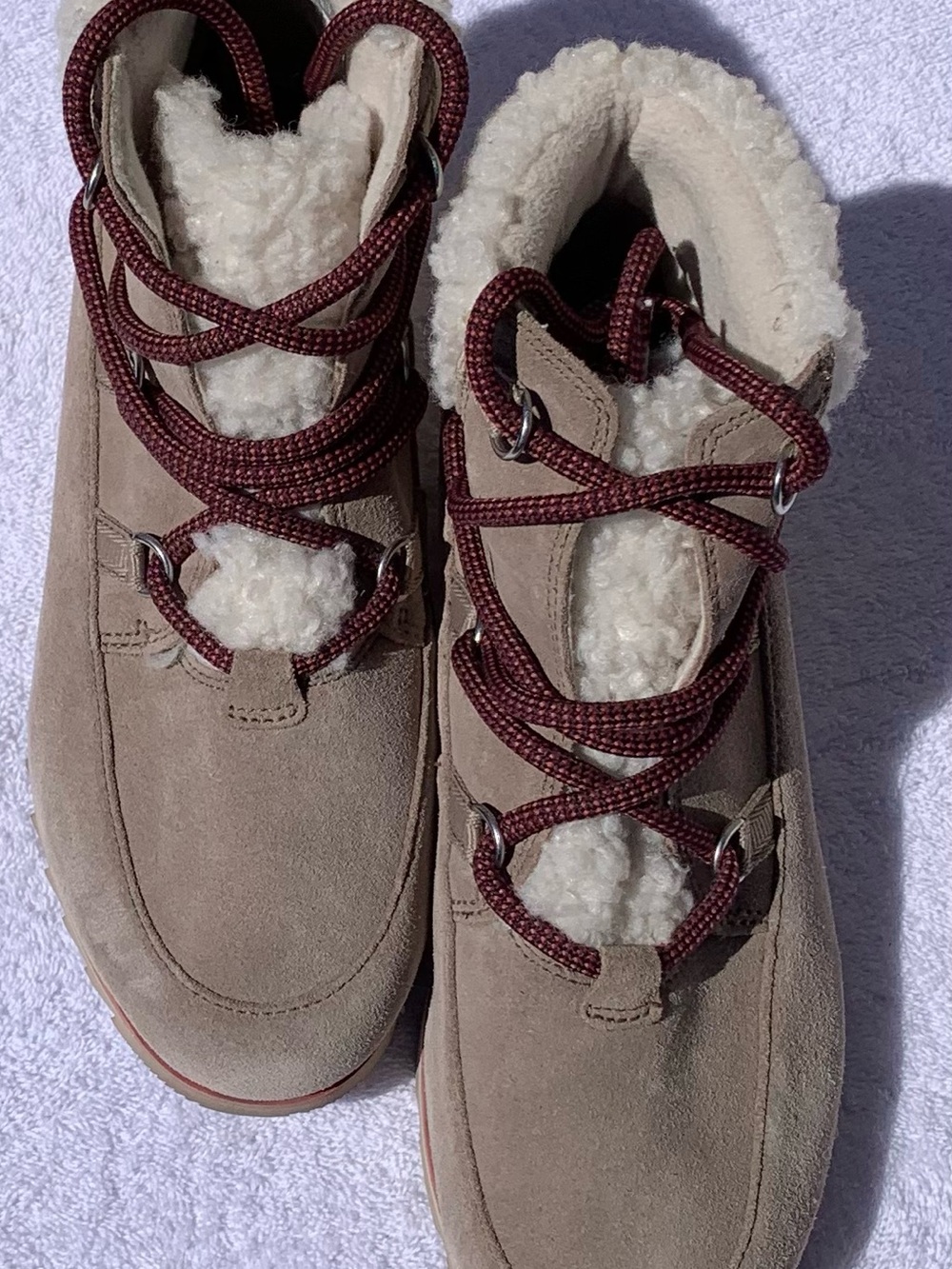 Sorel Women’s Harlow Lace Waterproof Boot in Omega Taupe and Shearling Collar